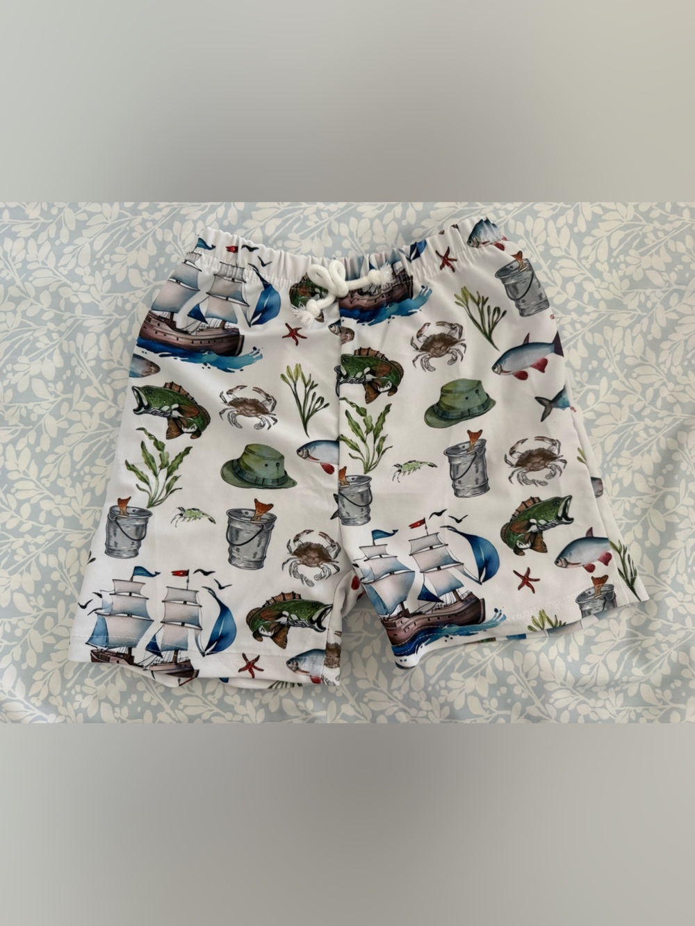 Kids White Nautical Print Shorts with Drawstring Waist